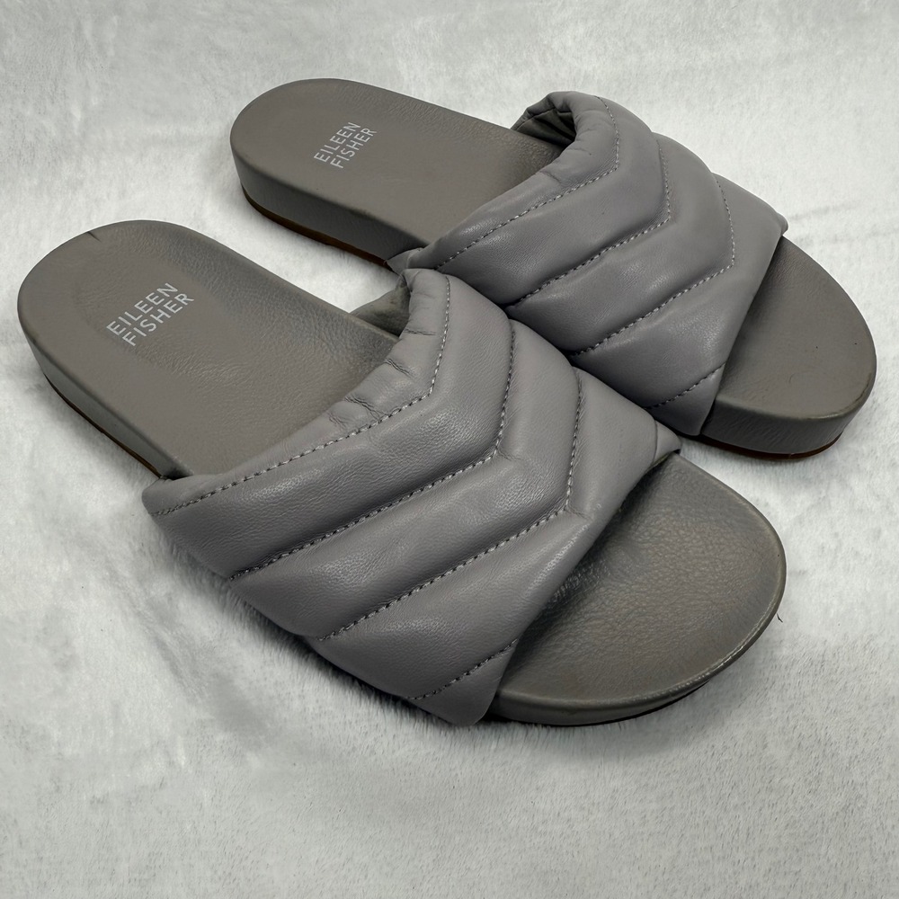 Eileen Fisher Padded Leather Slides Sandals‎ Casual Slip On Gray Size 6.5